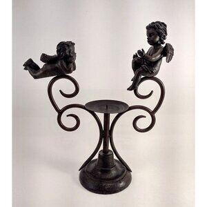 Cherub Angel Pillar Candle Holder Black Cast Iron Centerpiece Decor Baby 13.5"